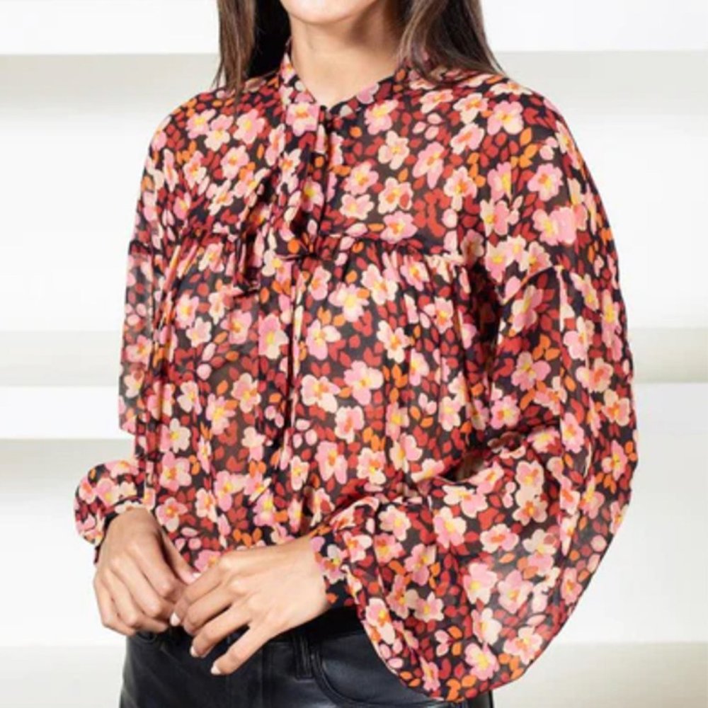 SANCTUARY Strawberry Fields Neck Tie Blouse